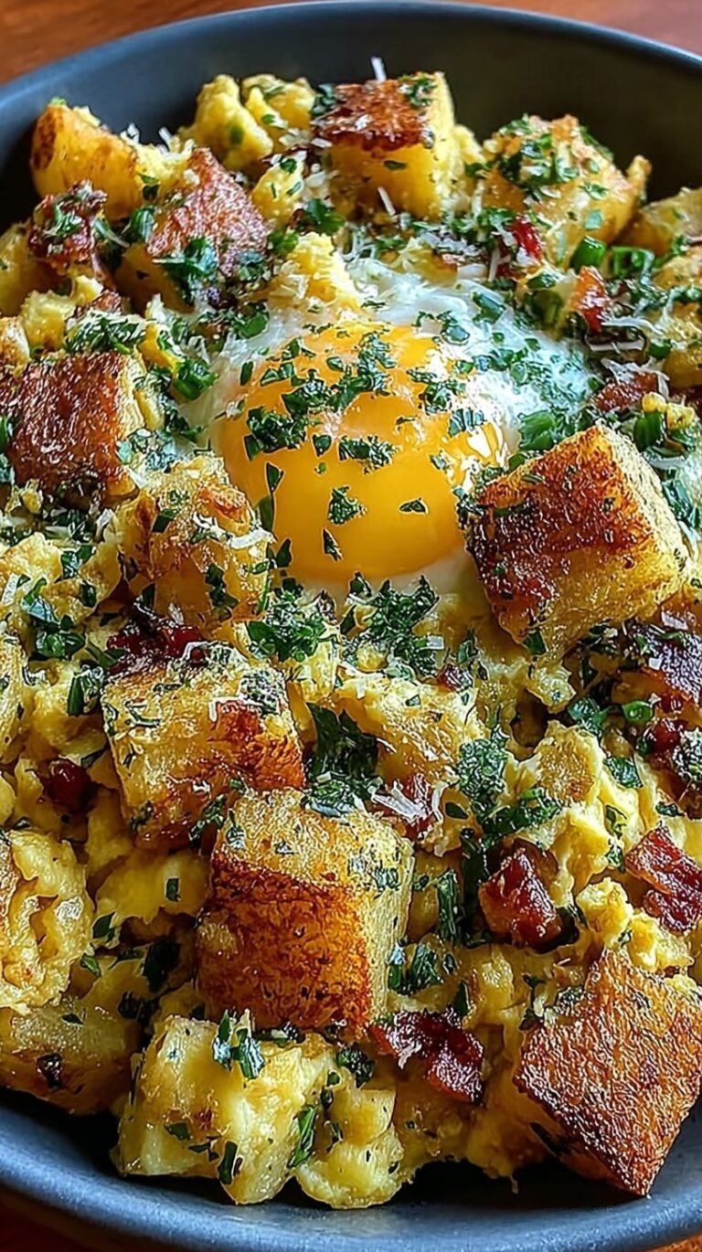 A skillet filled with golden crispy potatoes, fluffy scrambled eggs, and melted cheddar cheese topped with fresh chives.