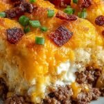 A golden brown Pioneer Woman Cowboy Casserole topped with crispy tater tots and melted cheddar cheese in a baking dish.