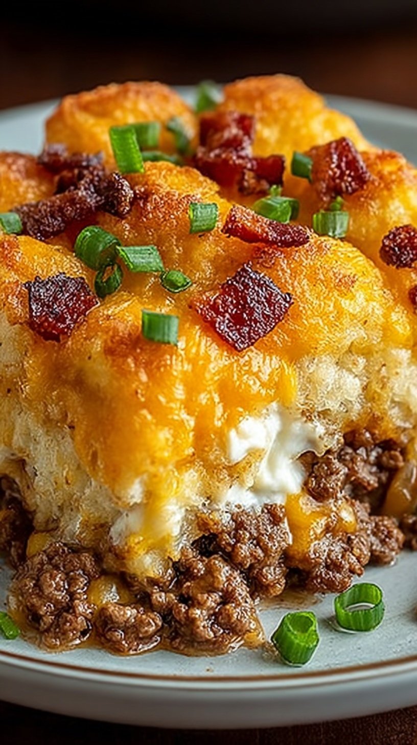 A golden brown Pioneer Woman Cowboy Casserole topped with crispy tater tots and melted cheddar cheese in a baking dish.