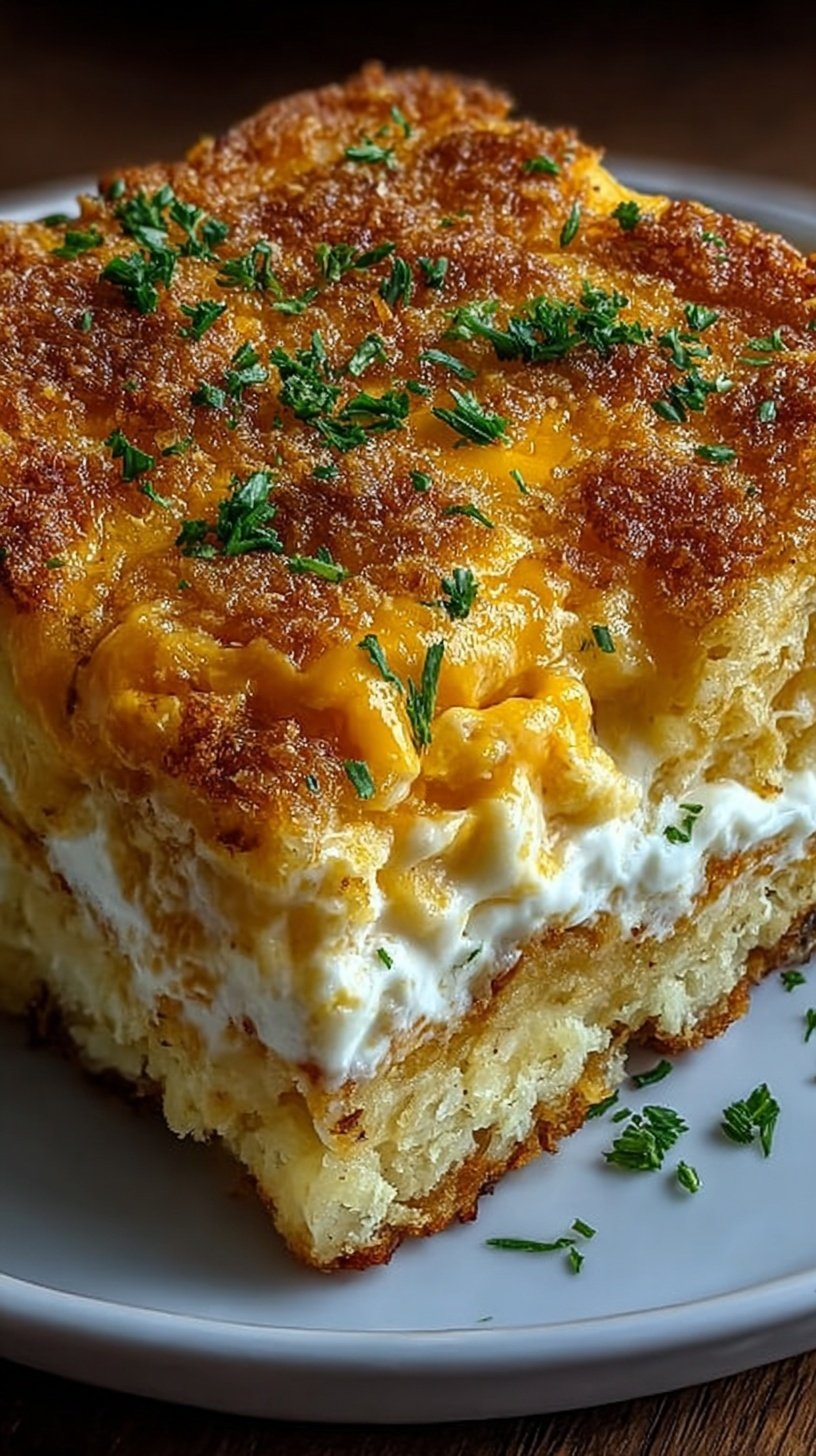 A golden brown creamy hash brown casserole in a glass baking dish with a crunchy cornflake topping