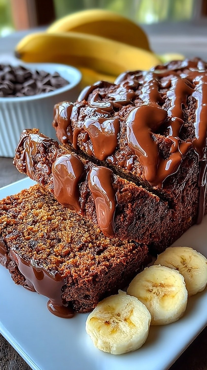 A sliced loaf of moist chocolate banana bread with dark chocolate chips on top.
