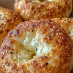 Four golden brown Greek yogurt bagels topped with everything seasoning on a parchment-lined tray.