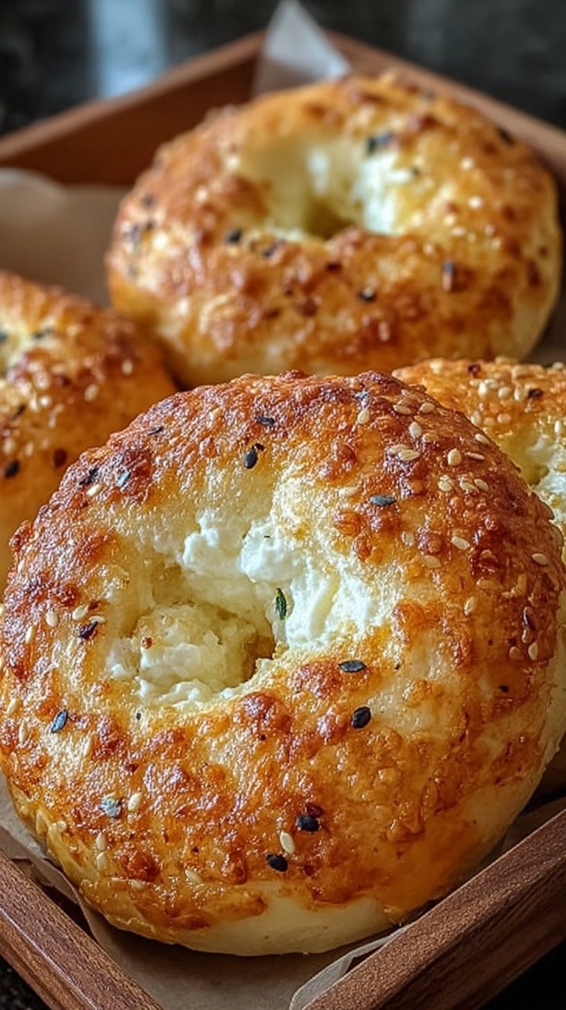 Four golden brown Greek yogurt bagels topped with everything seasoning on a parchment-lined tray.