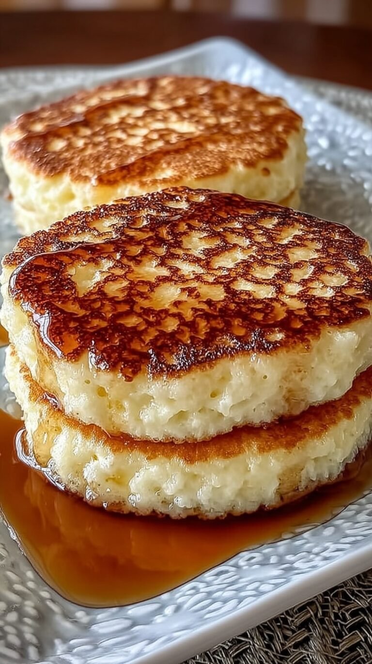 A stack of golden brown cottage cheese pancakes topped with fresh berries and honey.