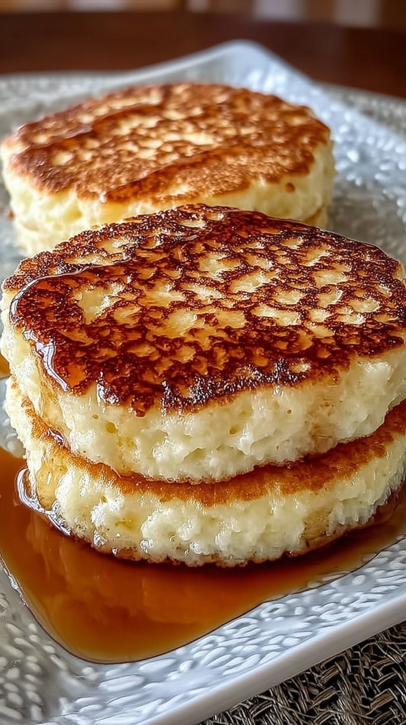 A stack of golden brown cottage cheese pancakes topped with fresh berries and honey.
