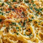 A skillet of creamy garlic pasta garnished with fresh parsley and parmesan cheese