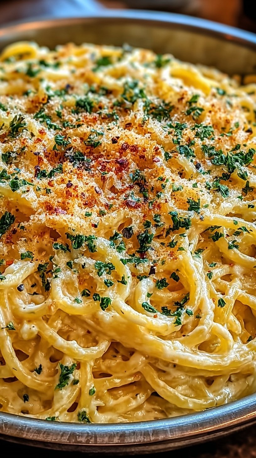 A skillet of creamy garlic pasta garnished with fresh parsley and parmesan cheese