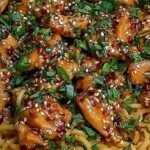 A close up of Sticky Garlic Chicken Noodles in a bowl with green onions and sesame seeds