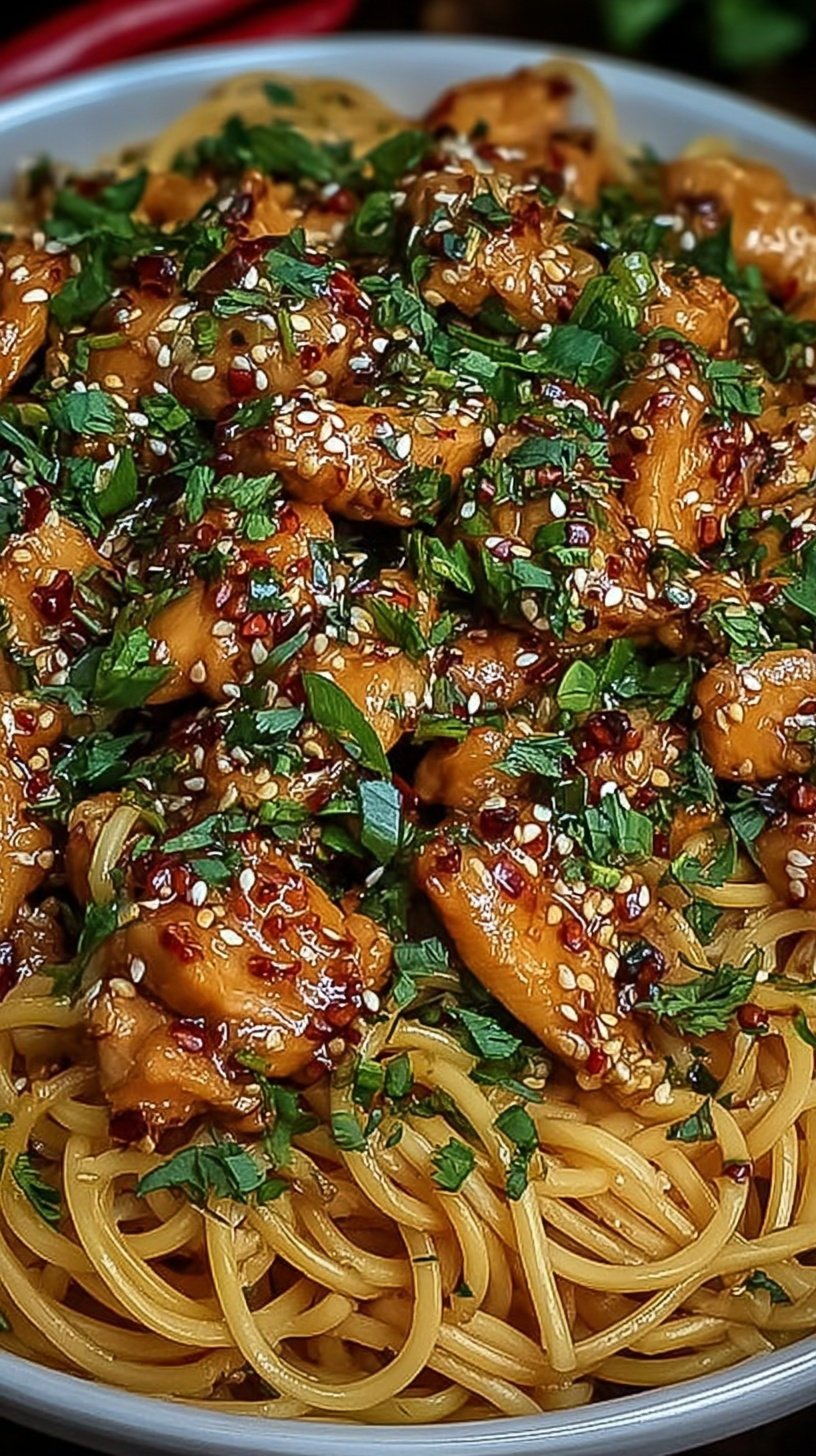 A close up of Sticky Garlic Chicken Noodles in a bowl with green onions and sesame seeds