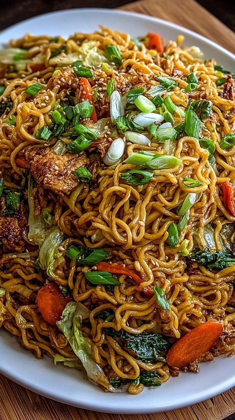 A steaming bowl of savory chow mein noodles with shredded cabbage, carrots, and green onions.