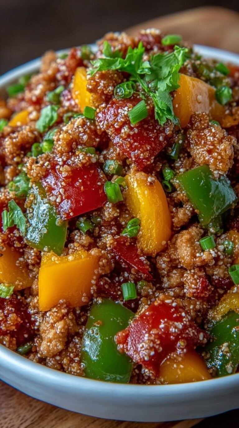A colorful skillet filled with sautéed ground turkey and vibrant diced bell peppers