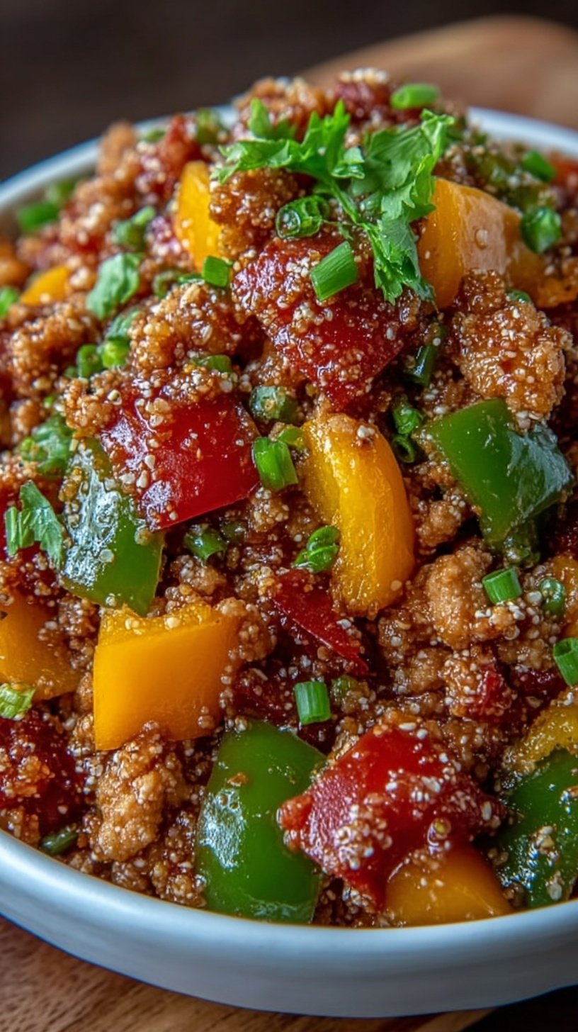 A colorful skillet filled with sautéed ground turkey and vibrant diced bell peppers