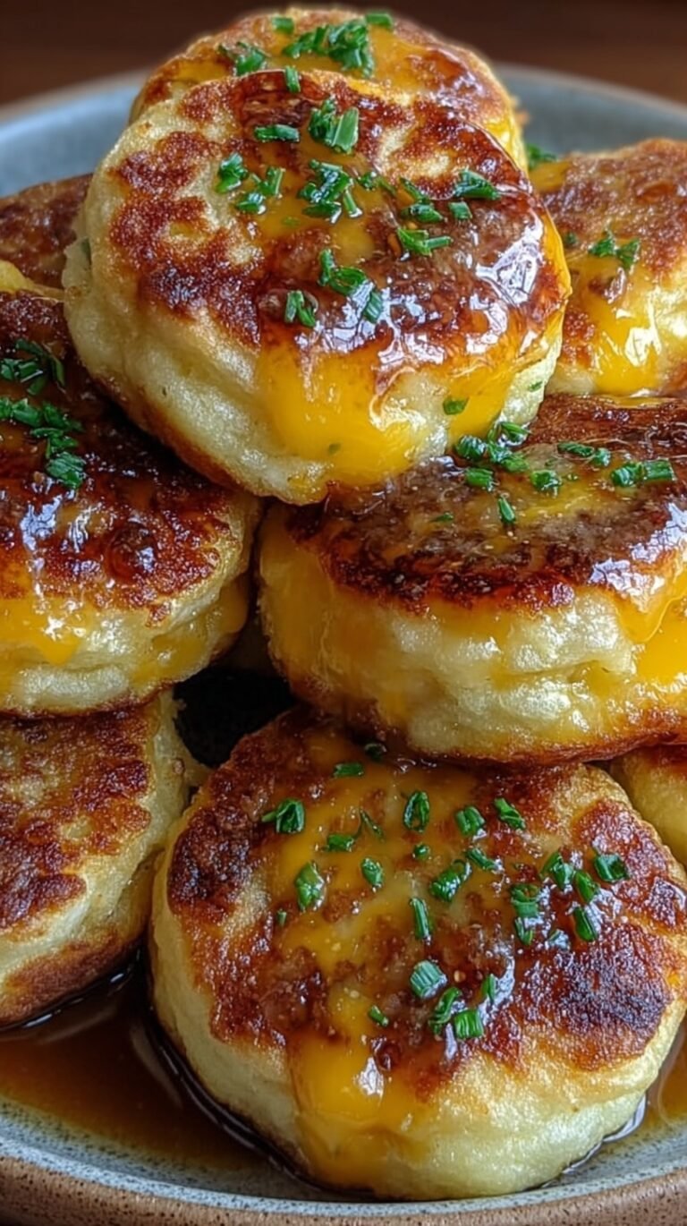 Golden brown pancake bites with sausage and maple syrup in a muffin tin
