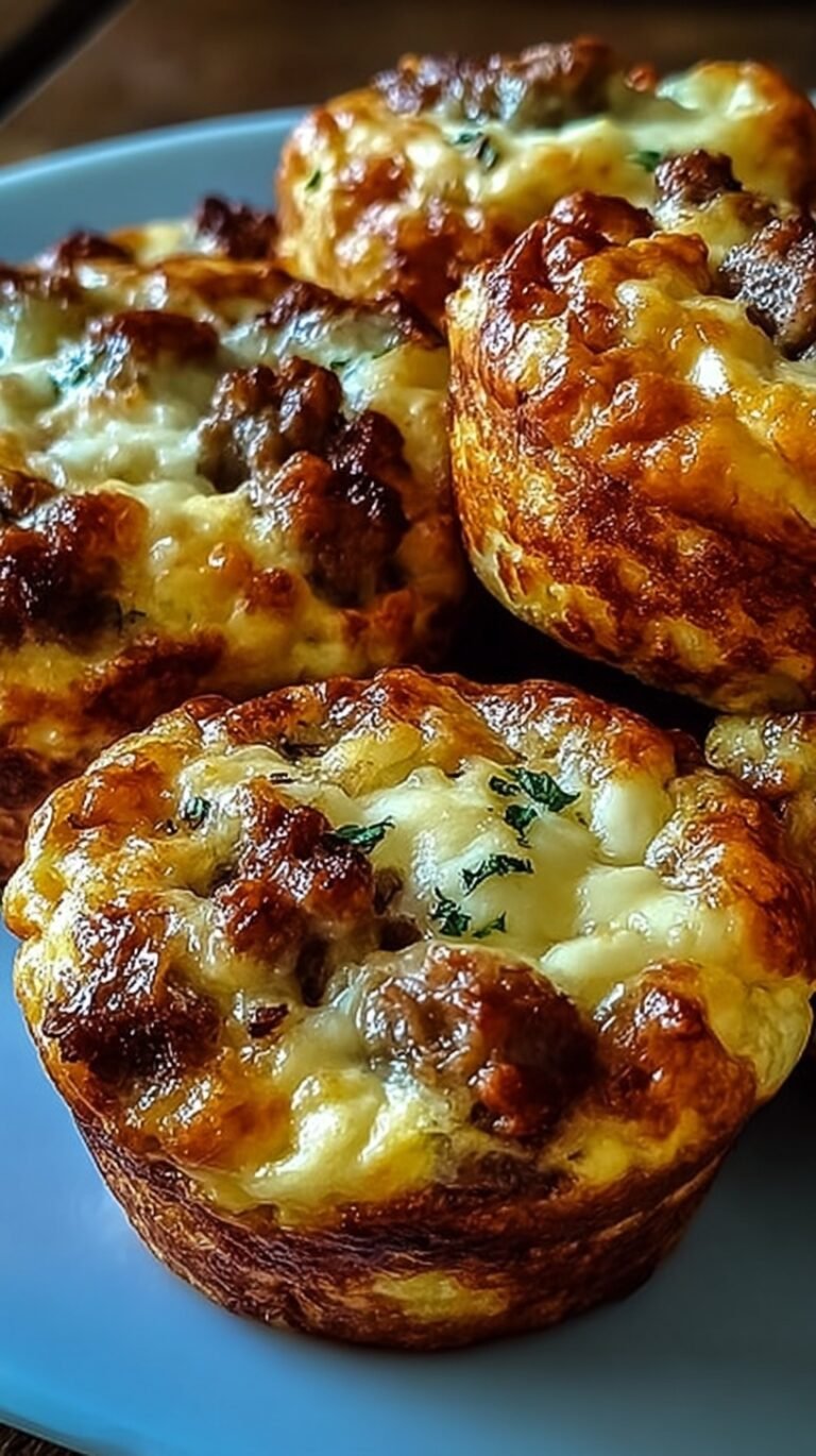 Golden brown pancake muffins with savory sausage crumbles inside a muffin tin.