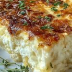 A golden brown cottage cheese and onion bake in a white ceramic dish