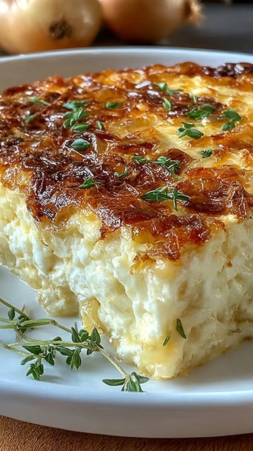 A golden brown cottage cheese and onion bake in a white ceramic dish