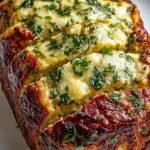 A sliced juicy garlic parmesan chicken meatloaf with a golden brown cheese crust in a loaf pan.