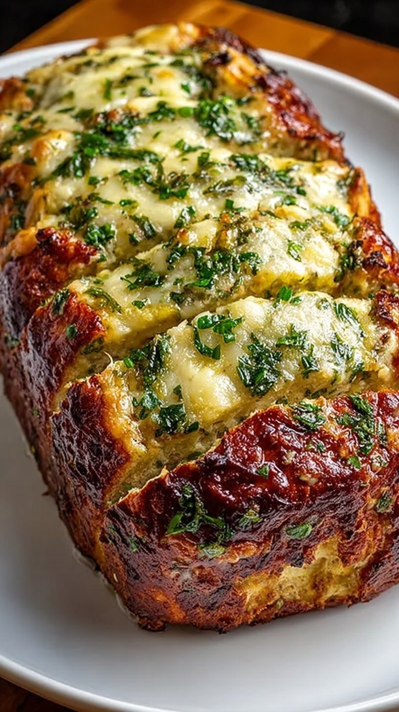 A sliced juicy garlic parmesan chicken meatloaf with a golden brown cheese crust in a loaf pan.