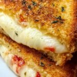 A golden brown garlic bread grilled cheese sandwich pulled apart to show melting mozzarella and cheddar cheese.