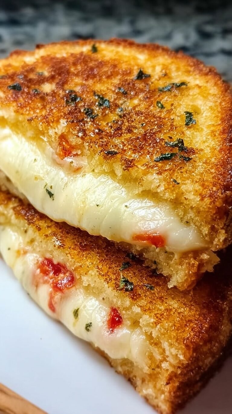 A golden brown garlic bread grilled cheese sandwich pulled apart to show melting mozzarella and cheddar cheese.