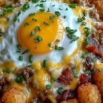 A white bowl filled with crispy tater tots, fluffy scrambled eggs, browned sausage crumbles, and melted cheddar cheese topped with green onions.