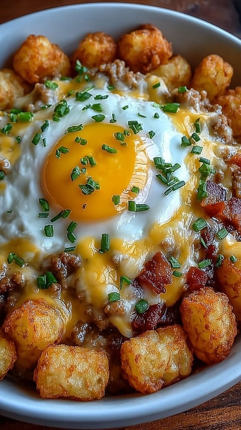 A white bowl filled with crispy tater tots, fluffy scrambled eggs, browned sausage crumbles, and melted cheddar cheese topped with green onions.