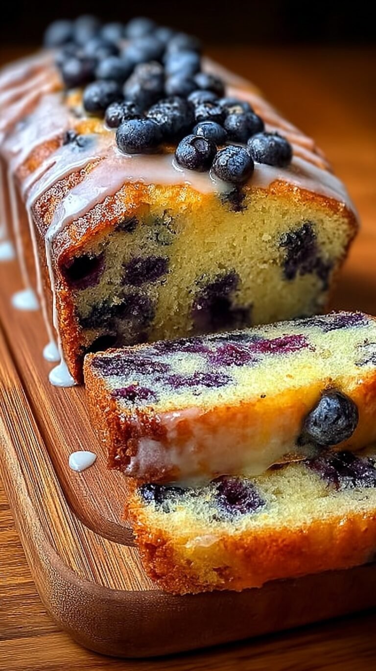 A golden loaf of freshly baked blueberry bread sliced on a wooden board.