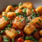 A golden sweet potato gnocchi skillet with chicken and fresh spinach