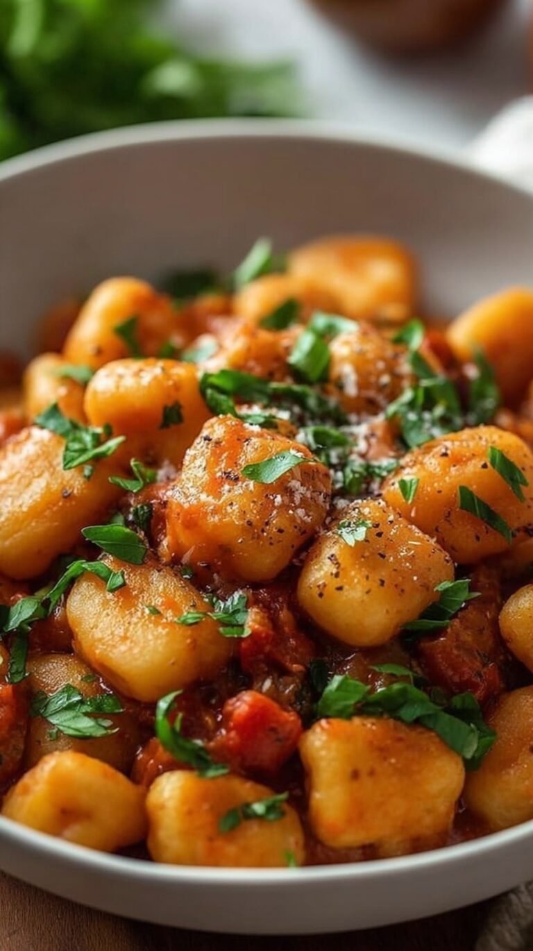 A golden sweet potato gnocchi skillet with chicken and fresh spinach