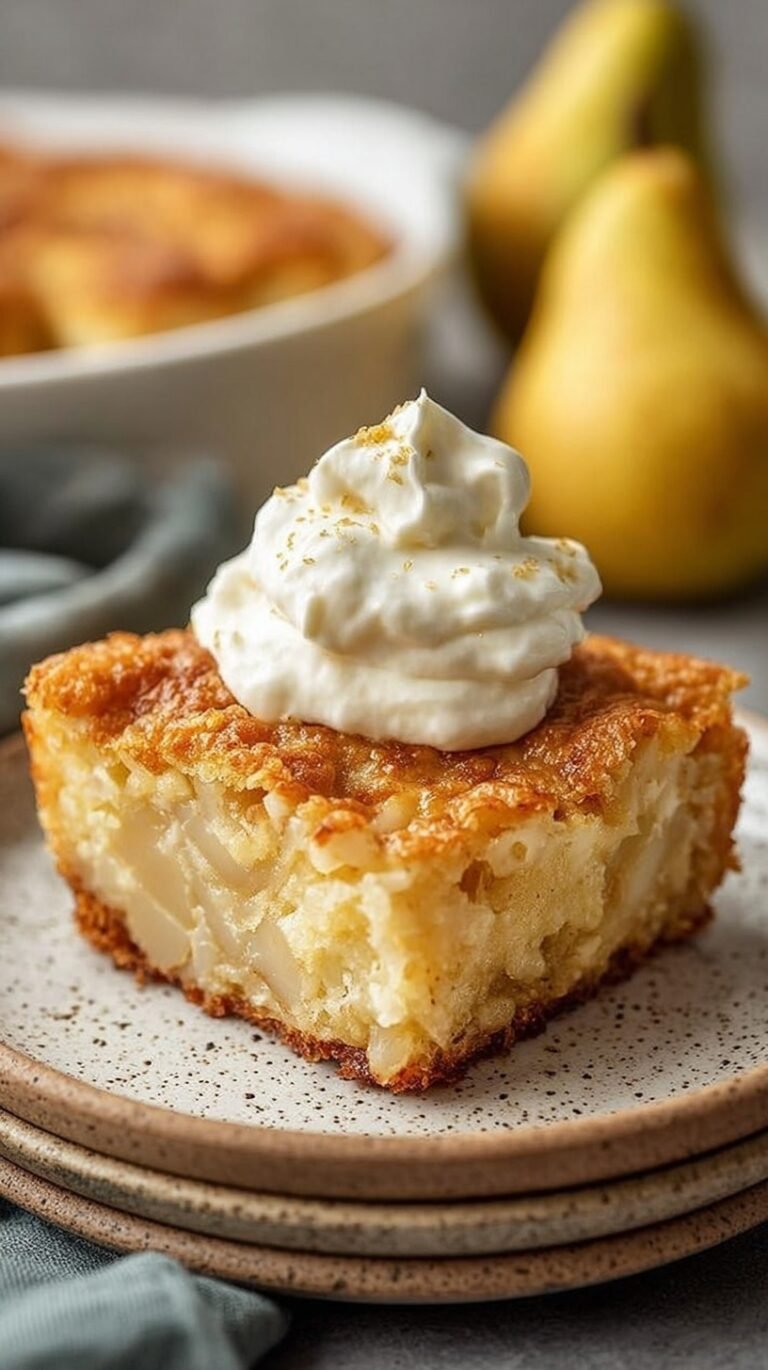 A golden brown yogurt bake topped with sliced pears in a square baking dish.