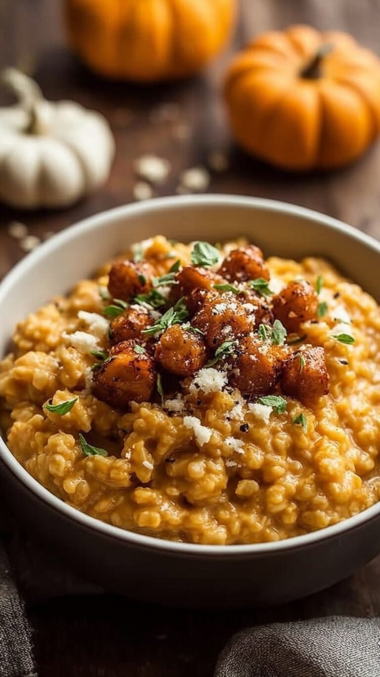 A bowl of creamy savory cottage cheese oatmeal topped with orange pumpkin and crunchy pepitas.