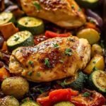 A colorful sheet pan filled with roasted chicken cubes, green broccoli, red peppers, and zucchini.