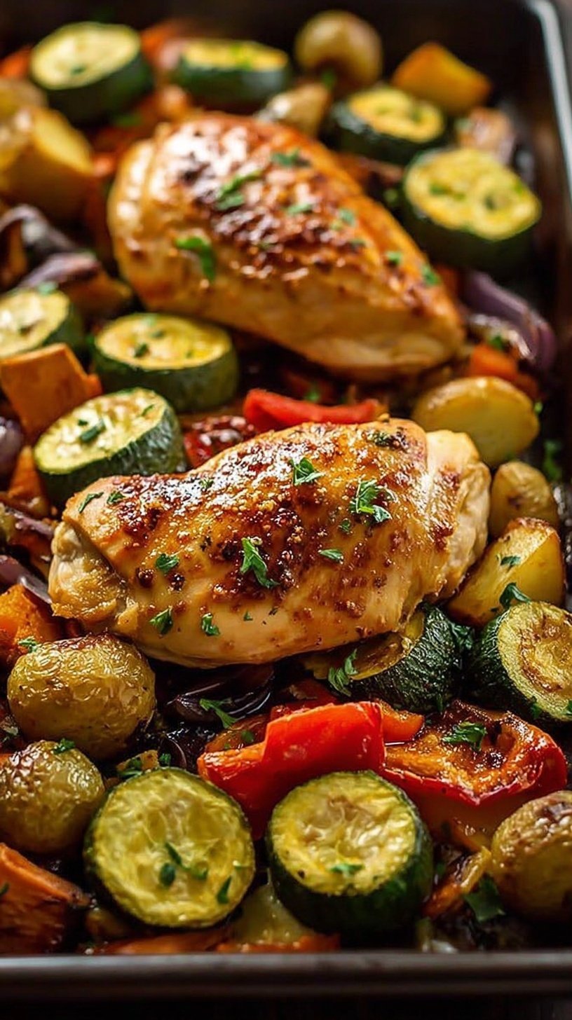 A colorful sheet pan filled with roasted chicken cubes, green broccoli, red peppers, and zucchini.