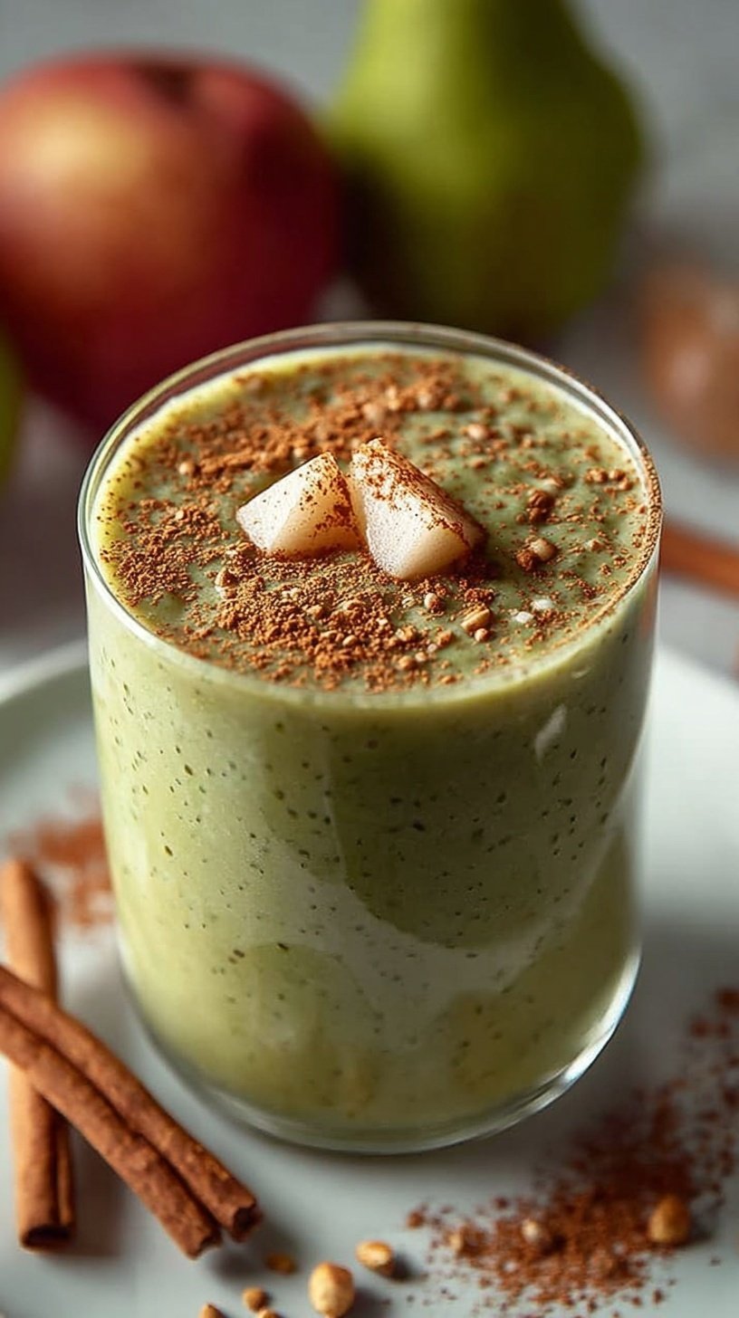 A tall glass of creamy cinnamon pear smoothie topped with a dash of ground cinnamon and a fresh pear slice on a wooden table.
