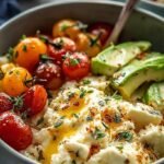 A bowl of creamy mashed potatoes with garlic and cottage cheese topped with fresh chives