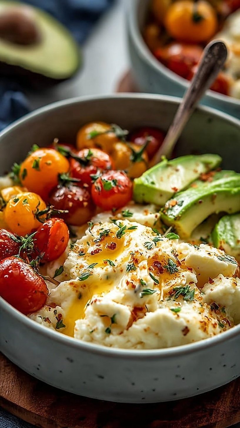 A bowl of creamy mashed potatoes with garlic and cottage cheese topped with fresh chives