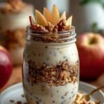 Two glass mason jars filled with creamy overnight oats, topped with diced red apples and chopped walnuts.
