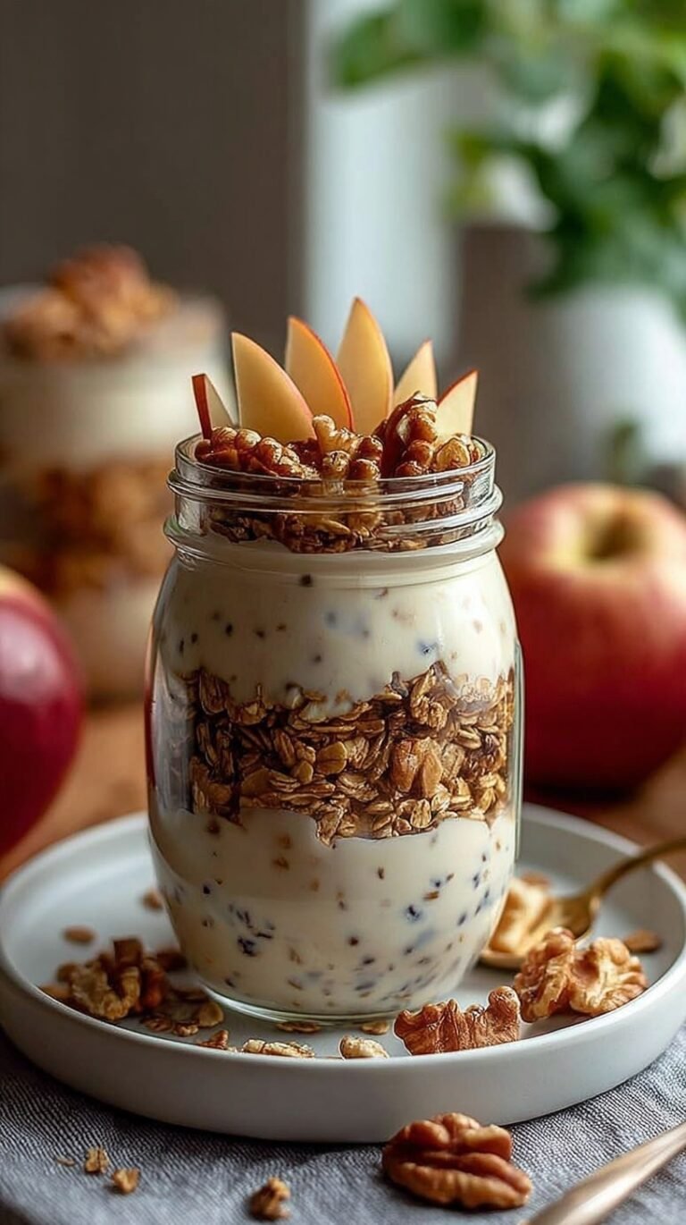 Two glass mason jars filled with creamy overnight oats, topped with diced red apples and chopped walnuts.
