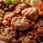A beautiful wooden board filled with sliced turkey, hard-boiled eggs, apples, pears, and nuts for a high-protein fall snack.