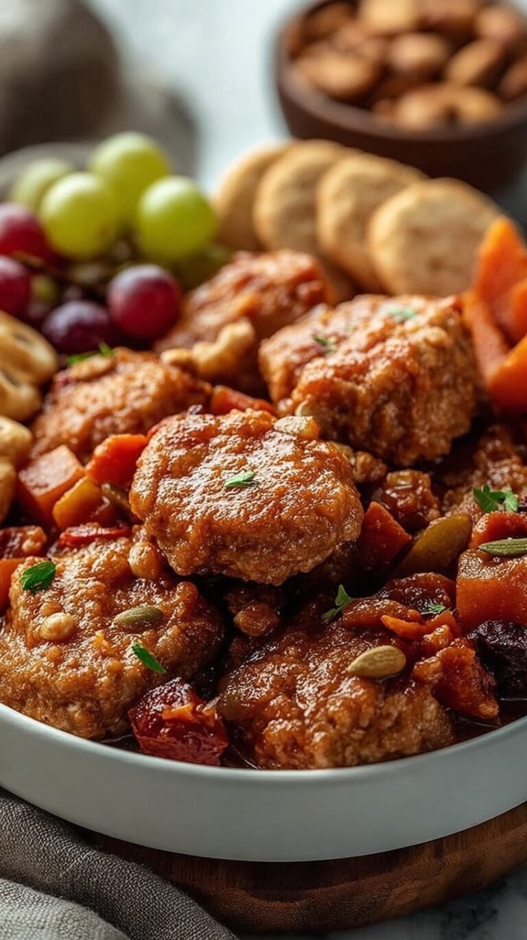 A beautiful wooden board filled with sliced turkey, hard-boiled eggs, apples, pears, and nuts for a high-protein fall snack.