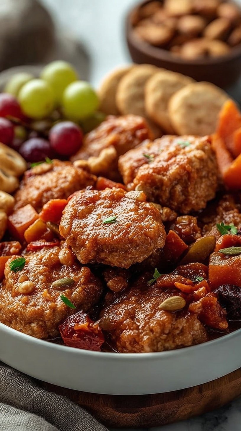 A beautiful wooden board filled with sliced turkey, hard-boiled eggs, apples, pears, and nuts for a high-protein fall snack.