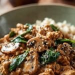 A bowl of creamy turkey and mushroom stroganoff over whole wheat egg noodles garnished with fresh parsley