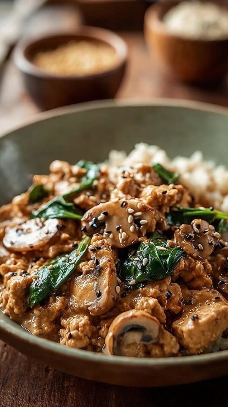 A bowl of creamy turkey and mushroom stroganoff over whole wheat egg noodles garnished with fresh parsley