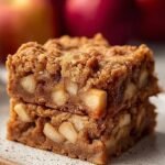 Golden brown apple cinnamon protein squares with roasted apple chunks on a cooling rack.