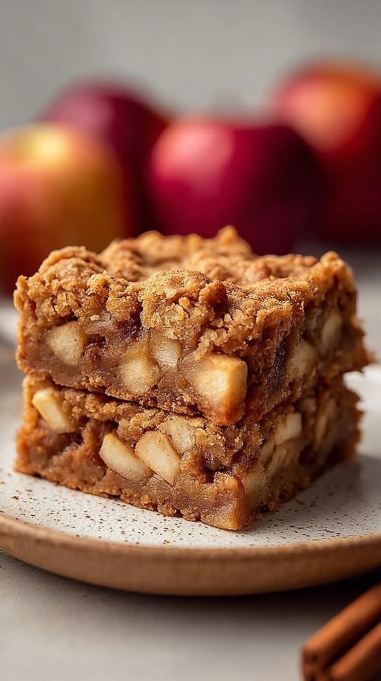 Golden brown apple cinnamon protein squares with roasted apple chunks on a cooling rack.