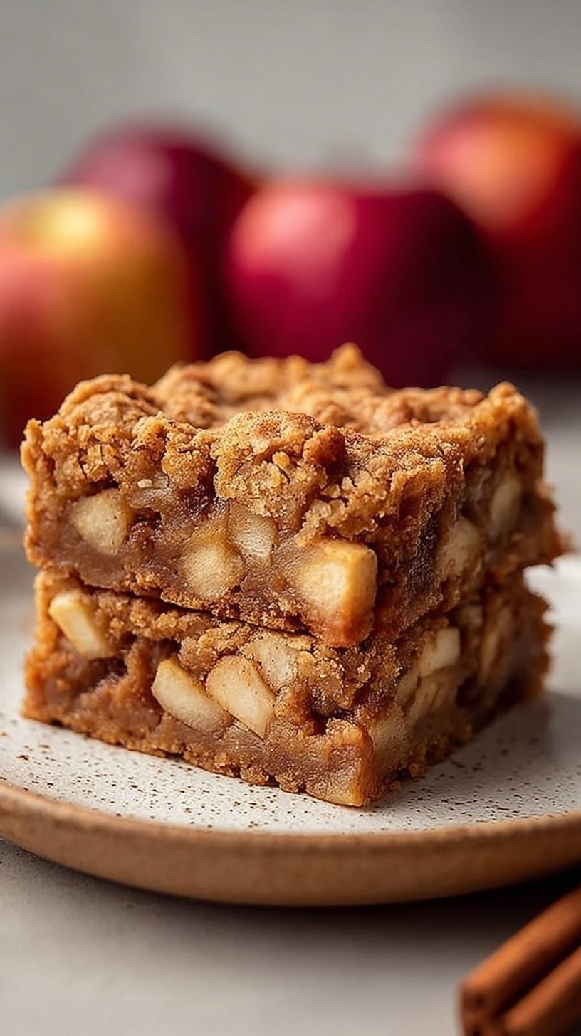Golden brown apple cinnamon protein squares with roasted apple chunks on a cooling rack.