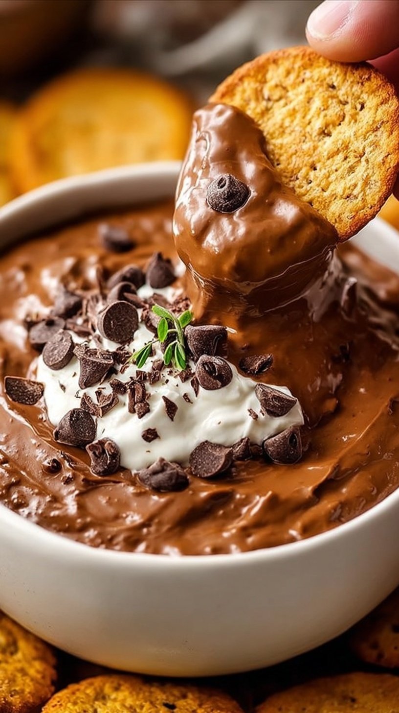 A bowl of creamy chocolate pumpkin dip served with apple slices and pretzels on a wooden board.
