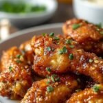 Golden brown crispy chicken drumettes glazed in a shiny maple garlic sauce