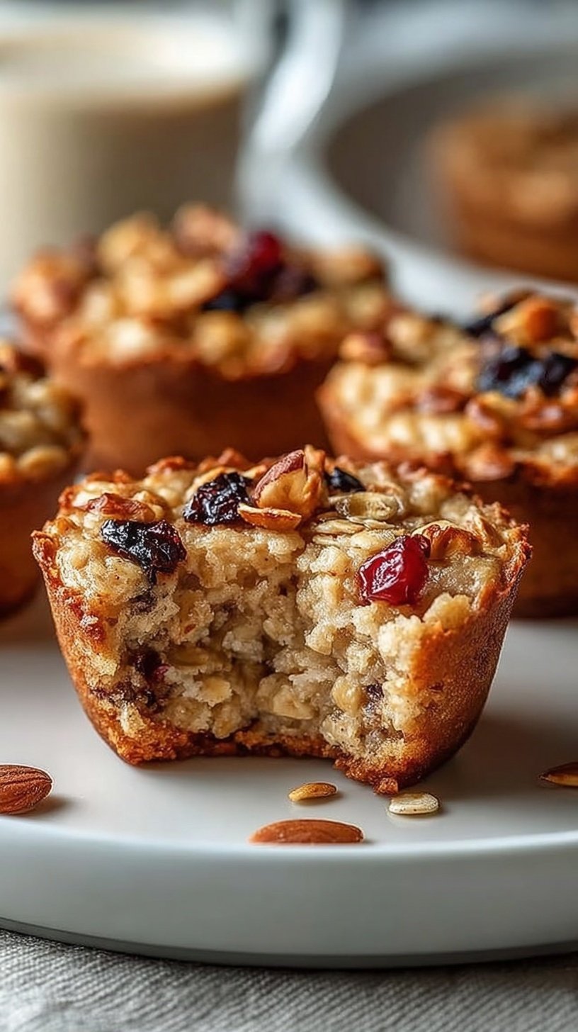 Golden baked oatmeal cups with fresh blueberries in a muffin tin