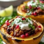 Roasted acorn squash halves filled with savory ground turkey, apples, and spinach topped with walnuts.